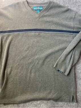 Vintage Y2K Big Dogs Men's Grey V-Neck Sweater with Navy Stripe